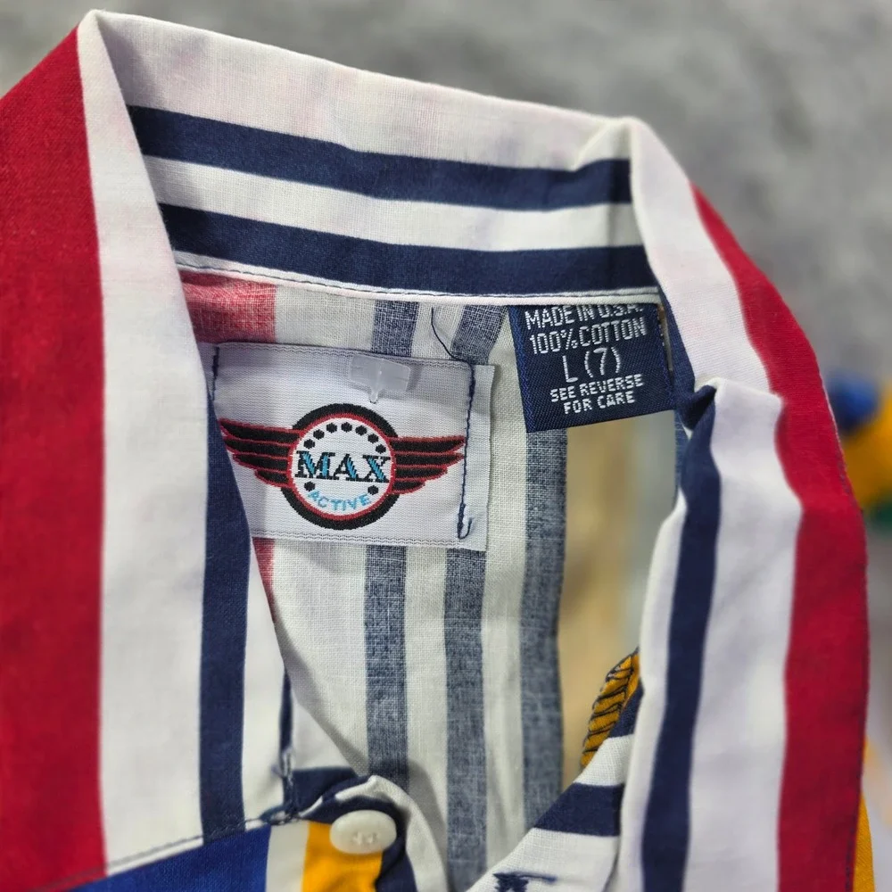 Vintage Max Active Kids Shirt L 7 Multi Color Vertical Stripe Short Sleeve USA